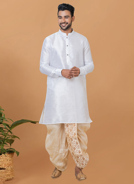 Plain Banarasi Silk White Dhoti Kurta - M5938