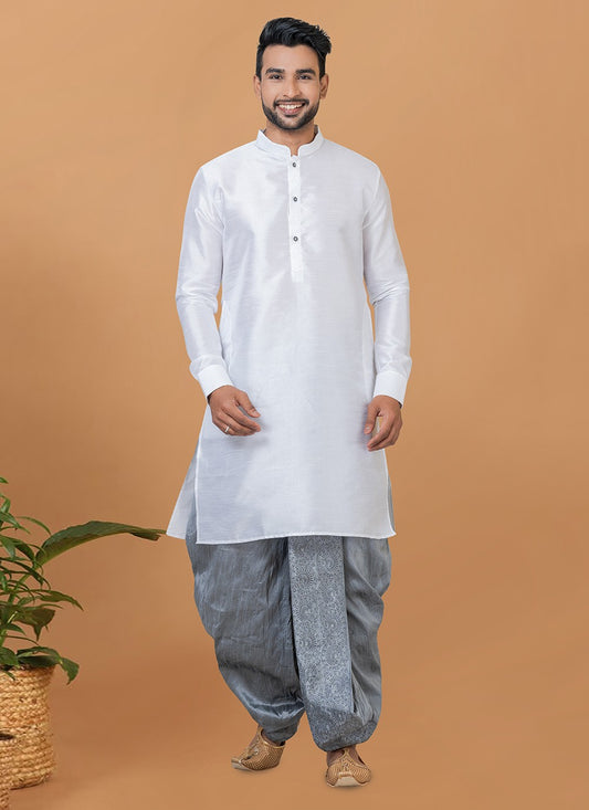 Plain Banarasi Silk White Dhoti Kurta - M5939