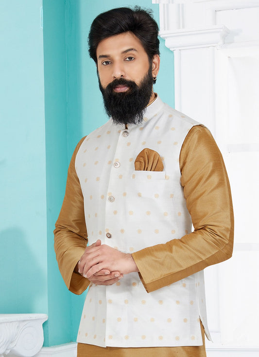 Printed Banarasi Silk White Nehru Jackets - M7488