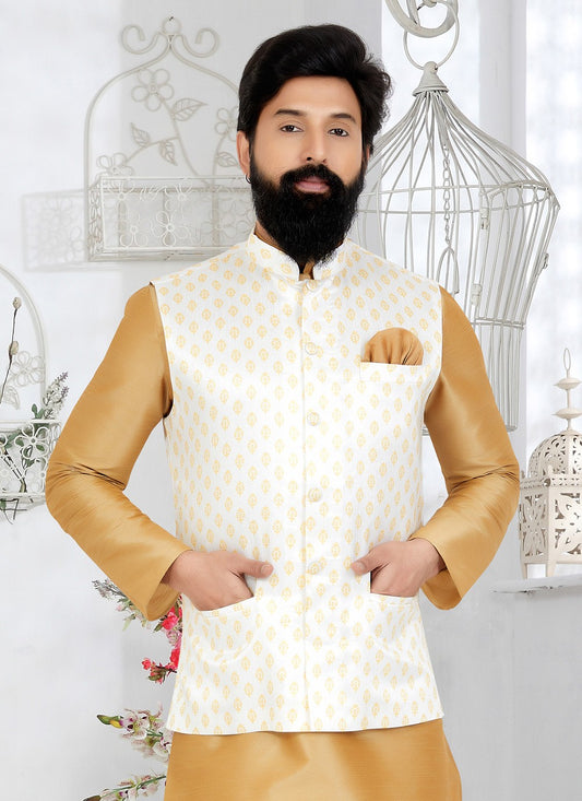 Printed Banarasi Silk White Nehru Jackets - M7491