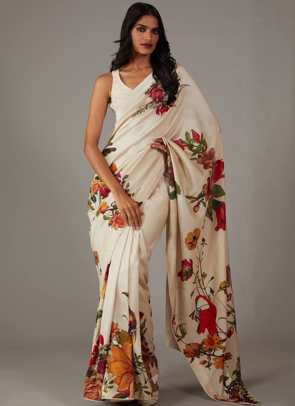Designer Printed White Pure Crepe Saree S13578