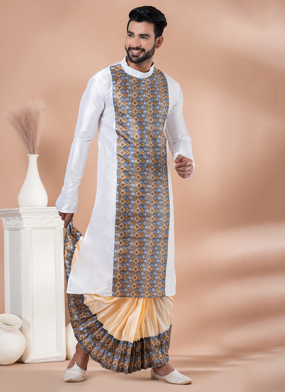 Fancy Work Cotton , Dupion Silk White Dhoti Kurta - M6974