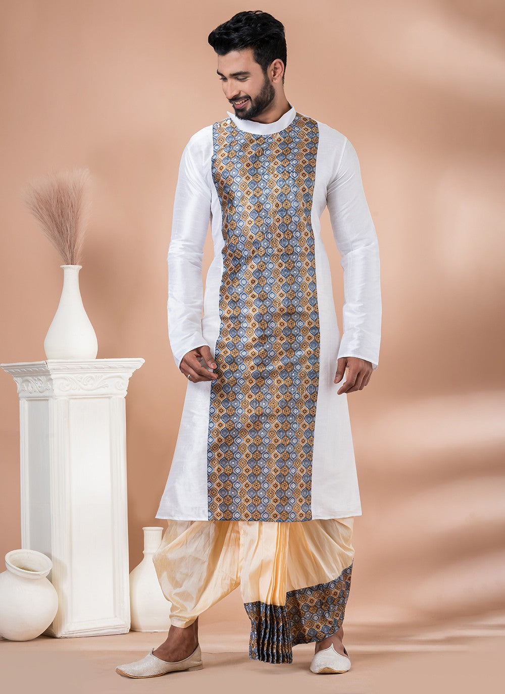 Fancy Work Cotton , Dupion Silk White Dhoti Kurta - M6974