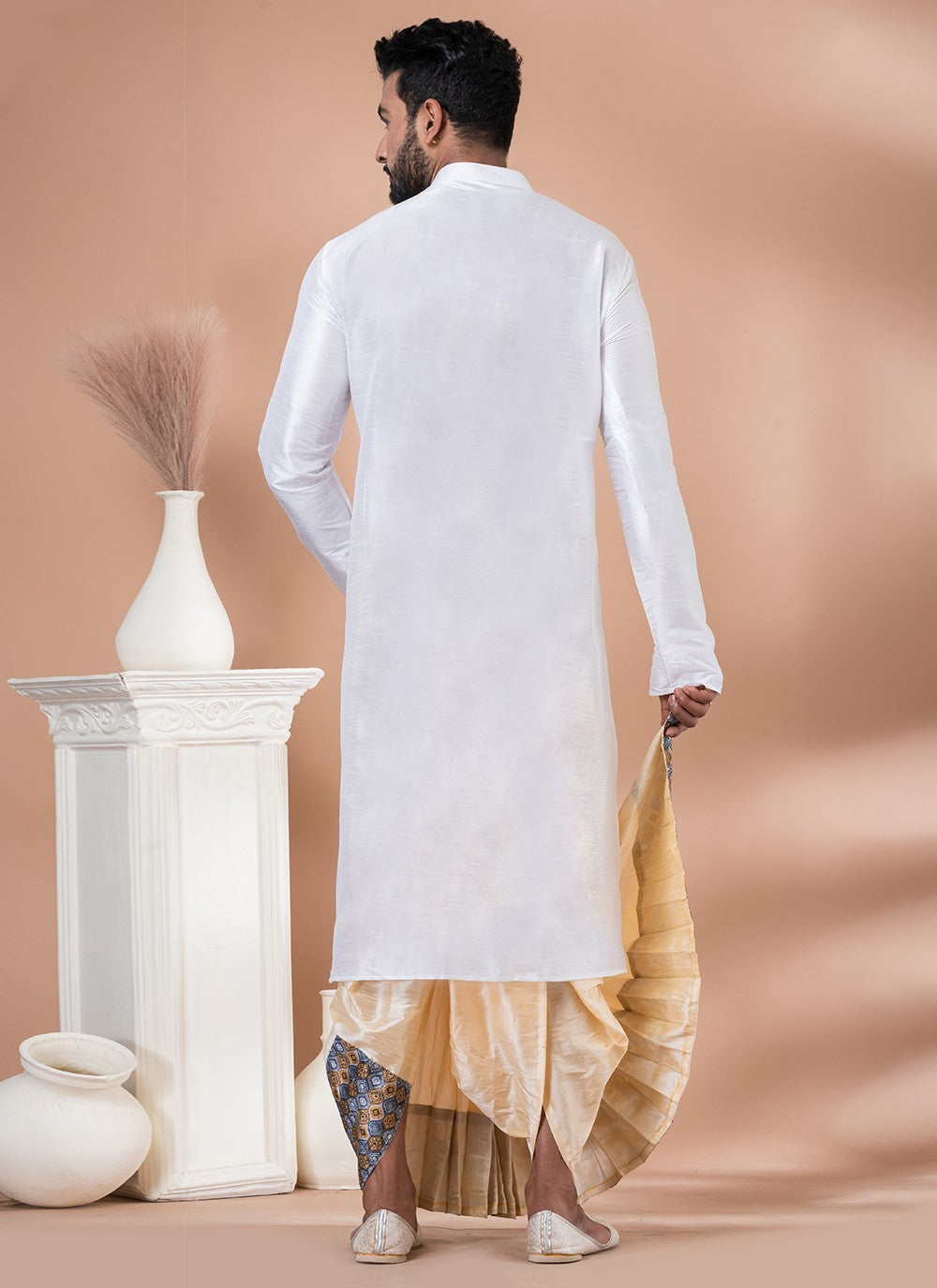 Fancy Work Cotton , Dupion Silk White Dhoti Kurta - M6974