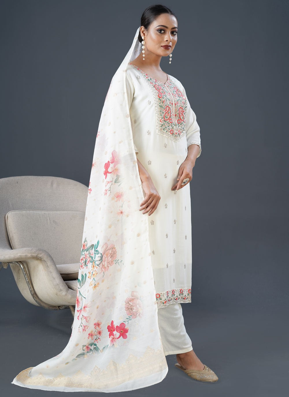 Salwar Suit Embroidered White Rayon T5412