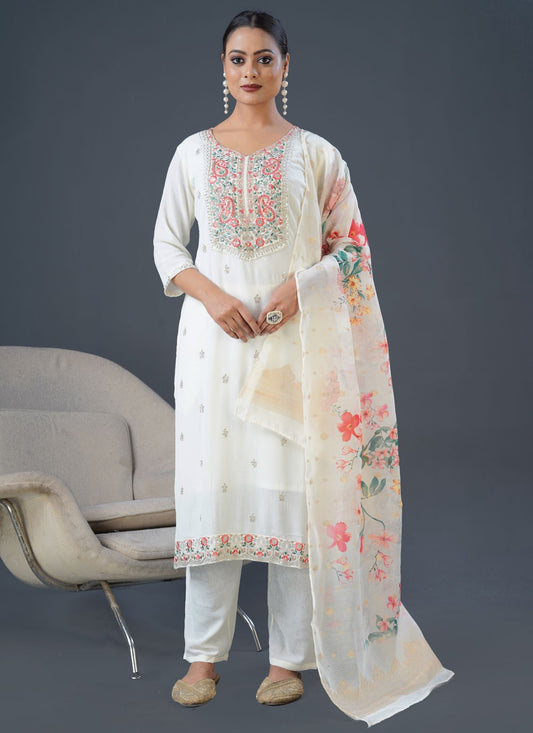Salwar Suit Embroidered White Rayon T5412