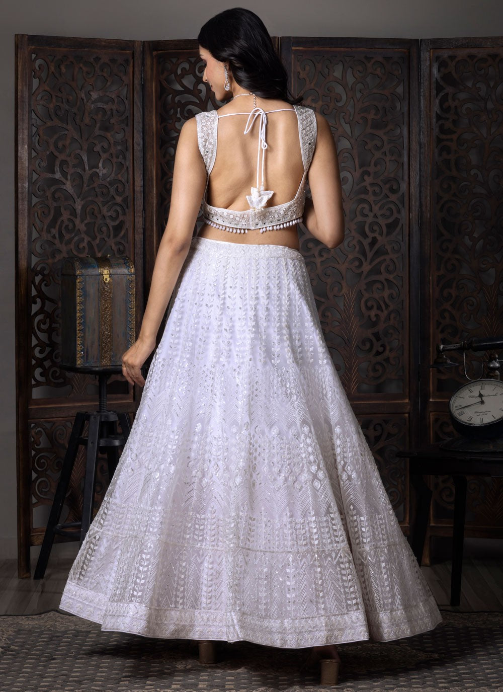 Embroidered Net White Lehenga Choli L3721