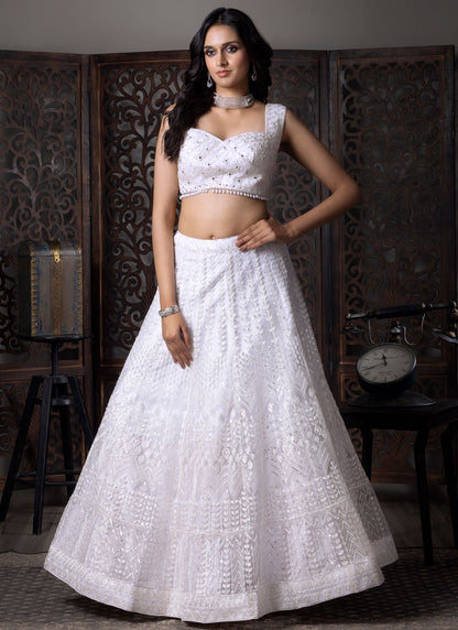 Embroidered Net White Lehenga Choli L3721
