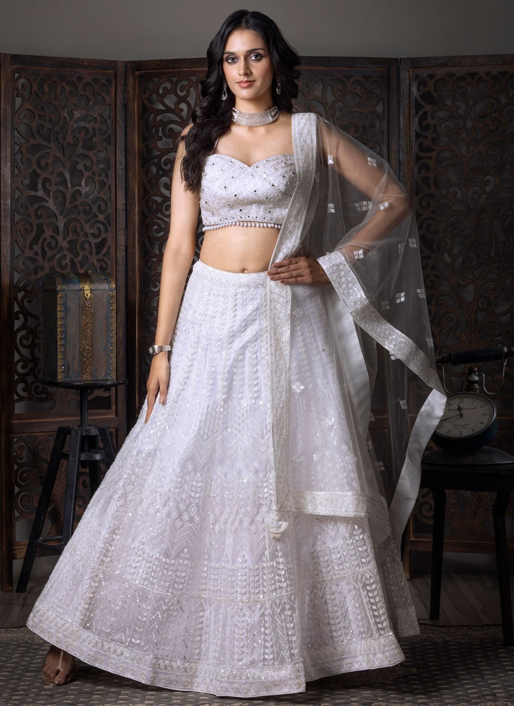 Embroidered Net White Lehenga Choli L3721