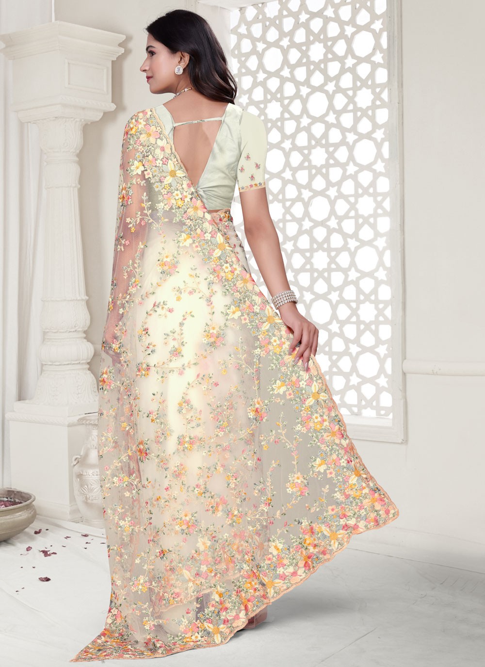 White Net Classic Saree Cut Work, Embroidered, Resham, Stones, Zircon S17803