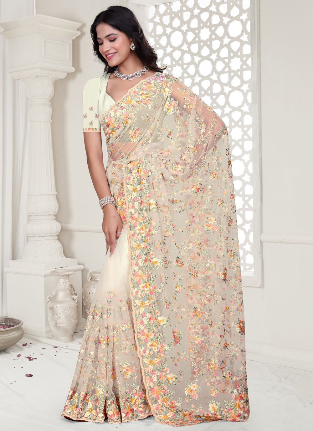 White Net Classic Saree Cut Work, Embroidered, Resham, Stones, Zircon S17803