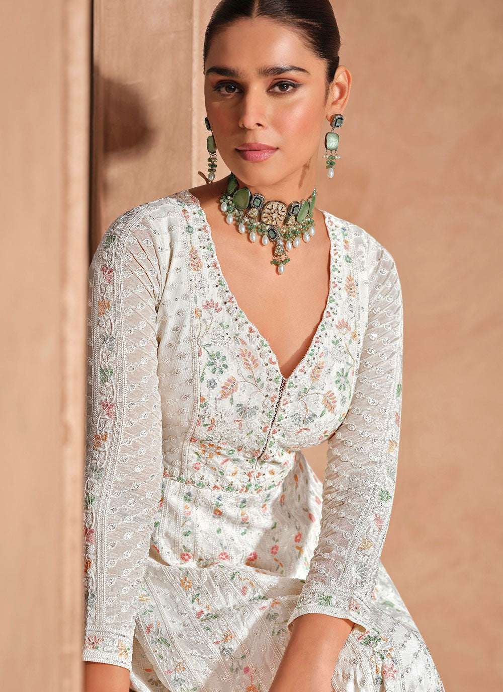 Embroidered Chinon White Gown G1974