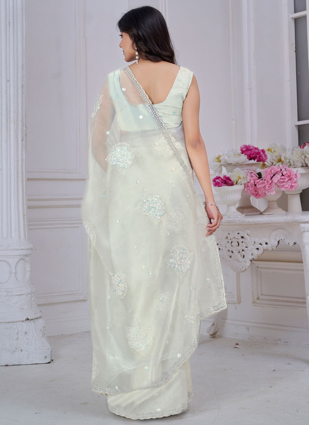 Sequins Organza White Traditional Saree S15053