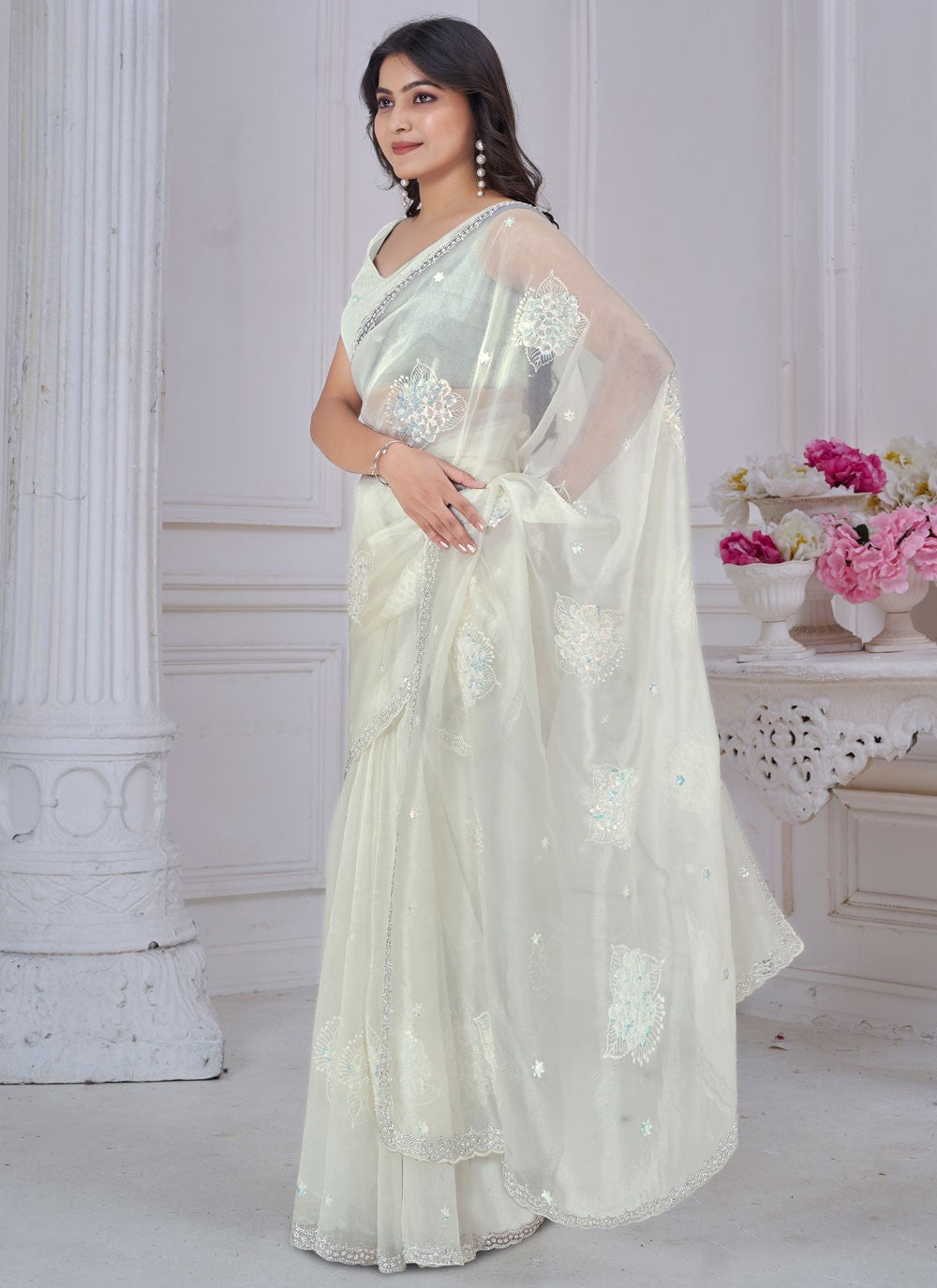 Sequins Organza White Traditional Saree S15053