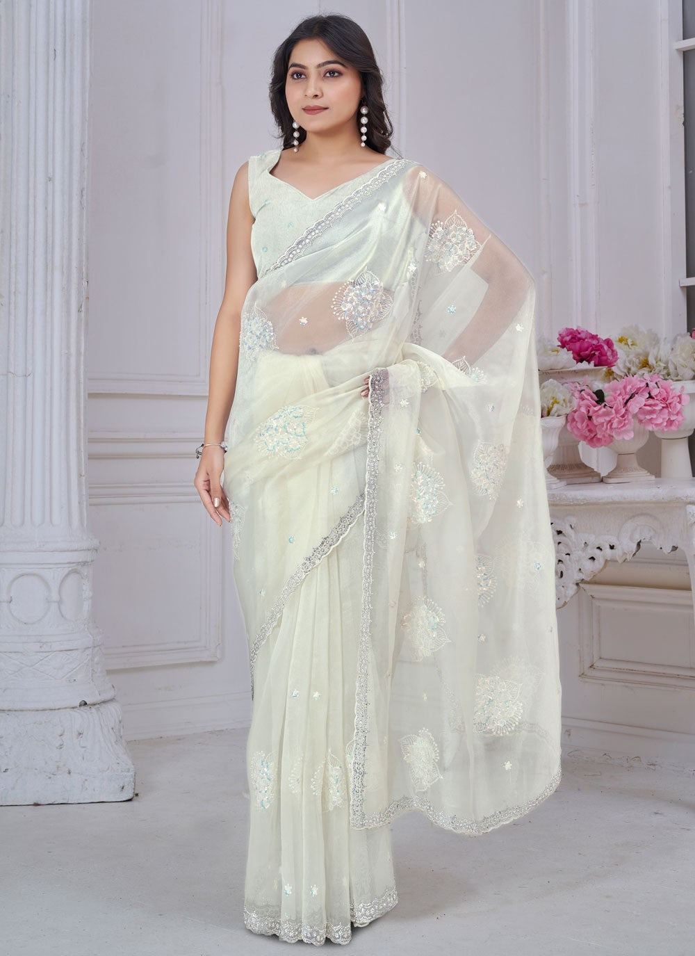 Sequins Organza White Traditional Saree S15053