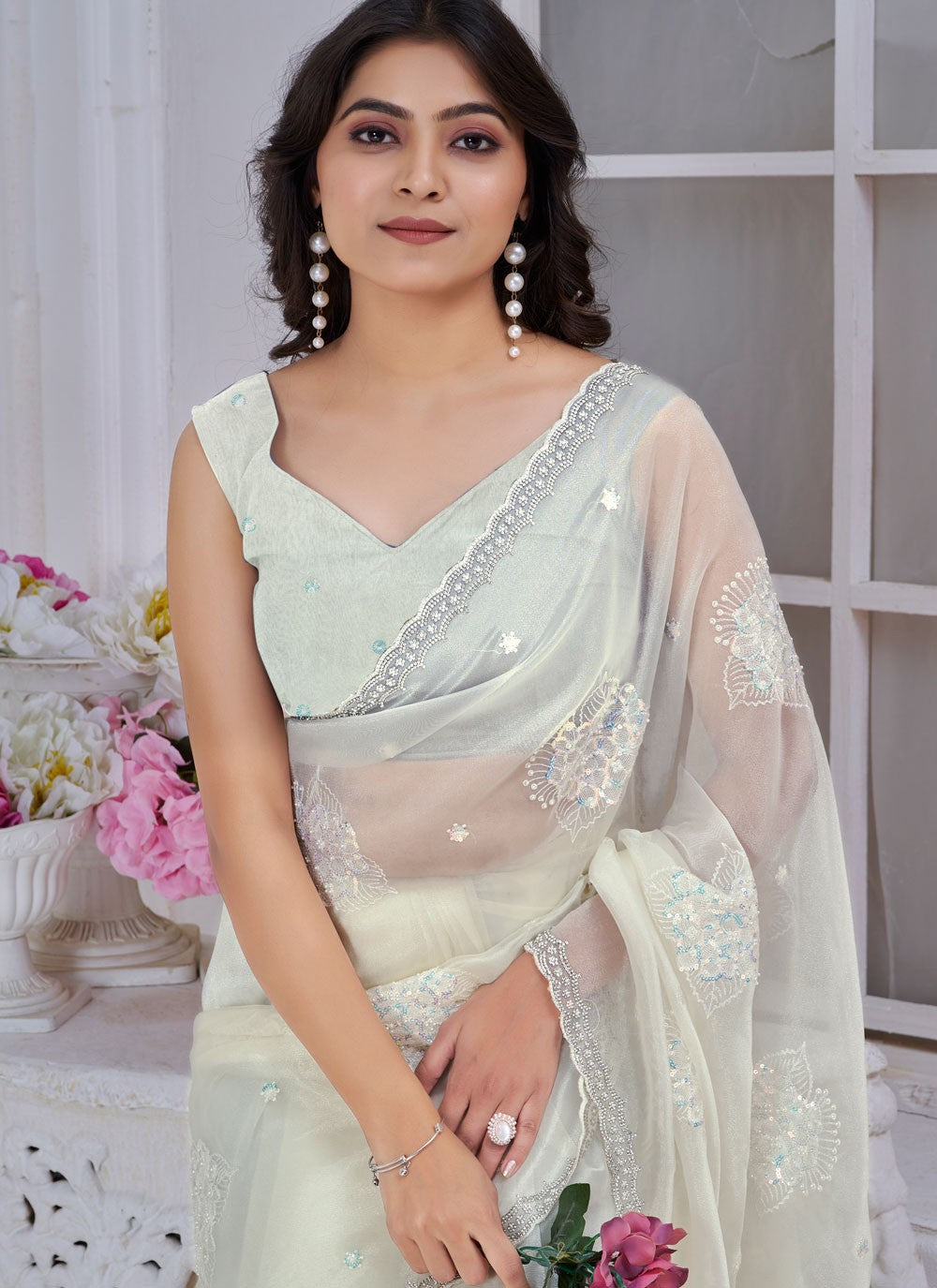 Sequins Organza White Traditional Saree S15053