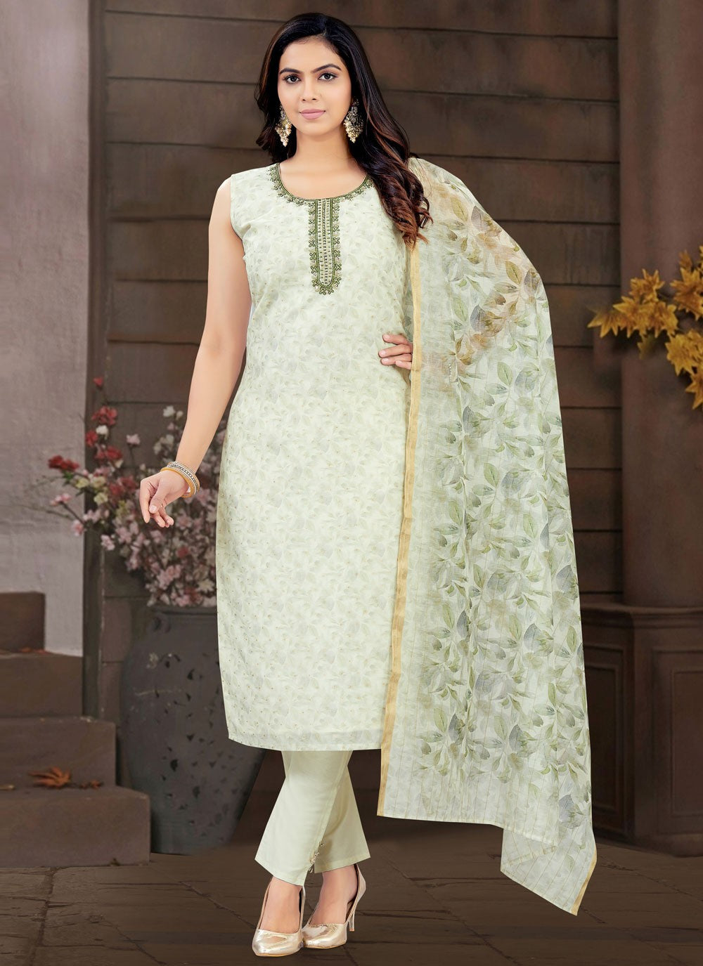 Pant Style Suit Embroidered, Fancy Work, Printed White T7420