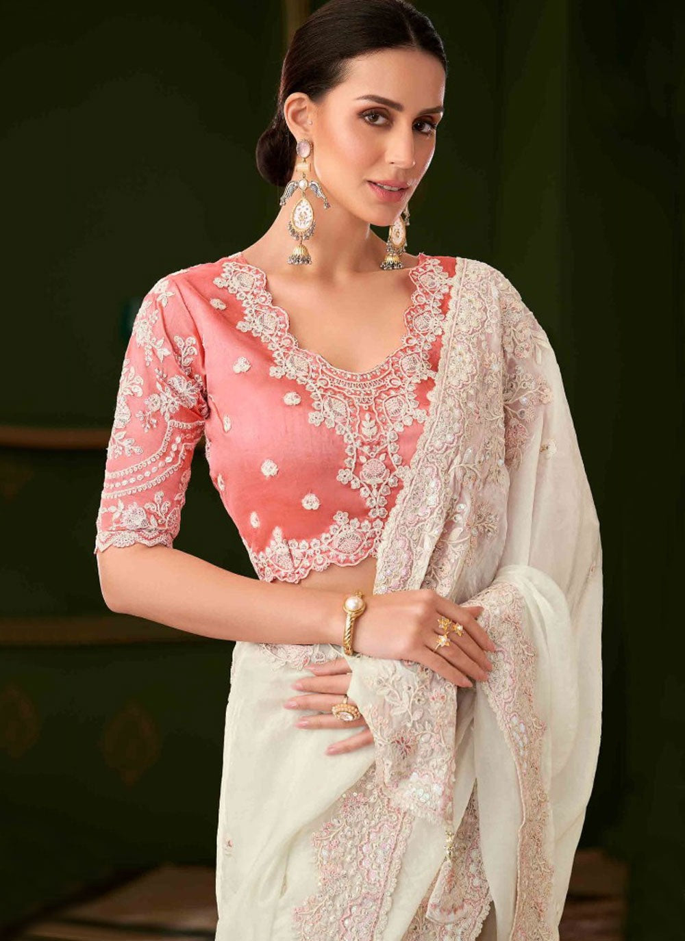 White Georgette Trendy Saree Embroidered S20375