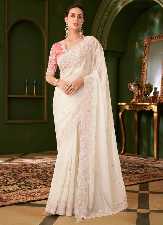 White Georgette Trendy Saree Embroidered S20375