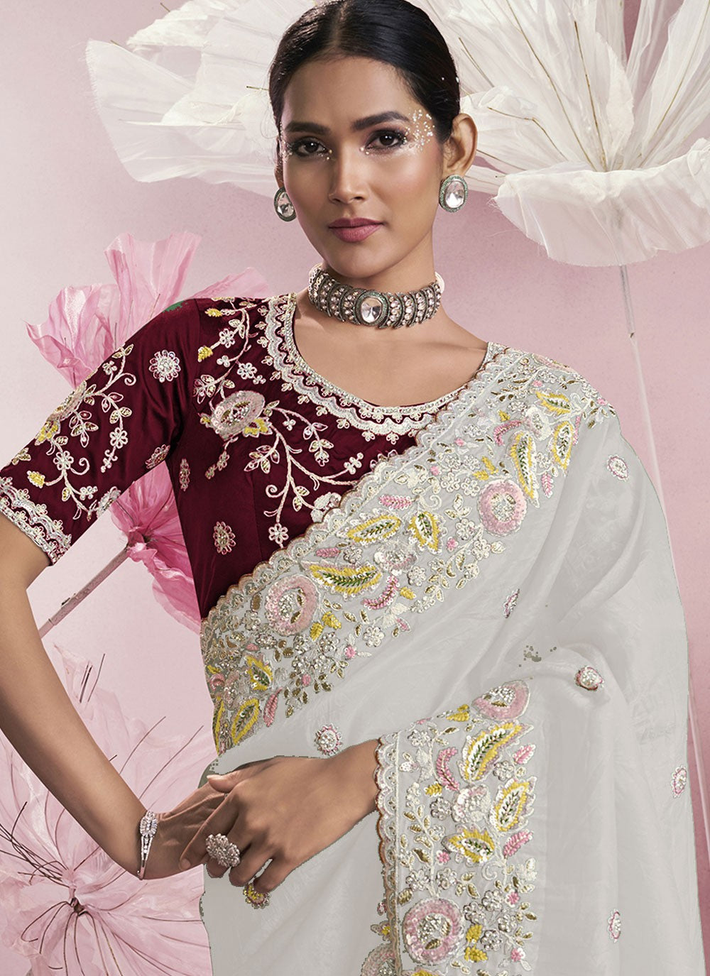 Embroidered Silk White Saree S14148