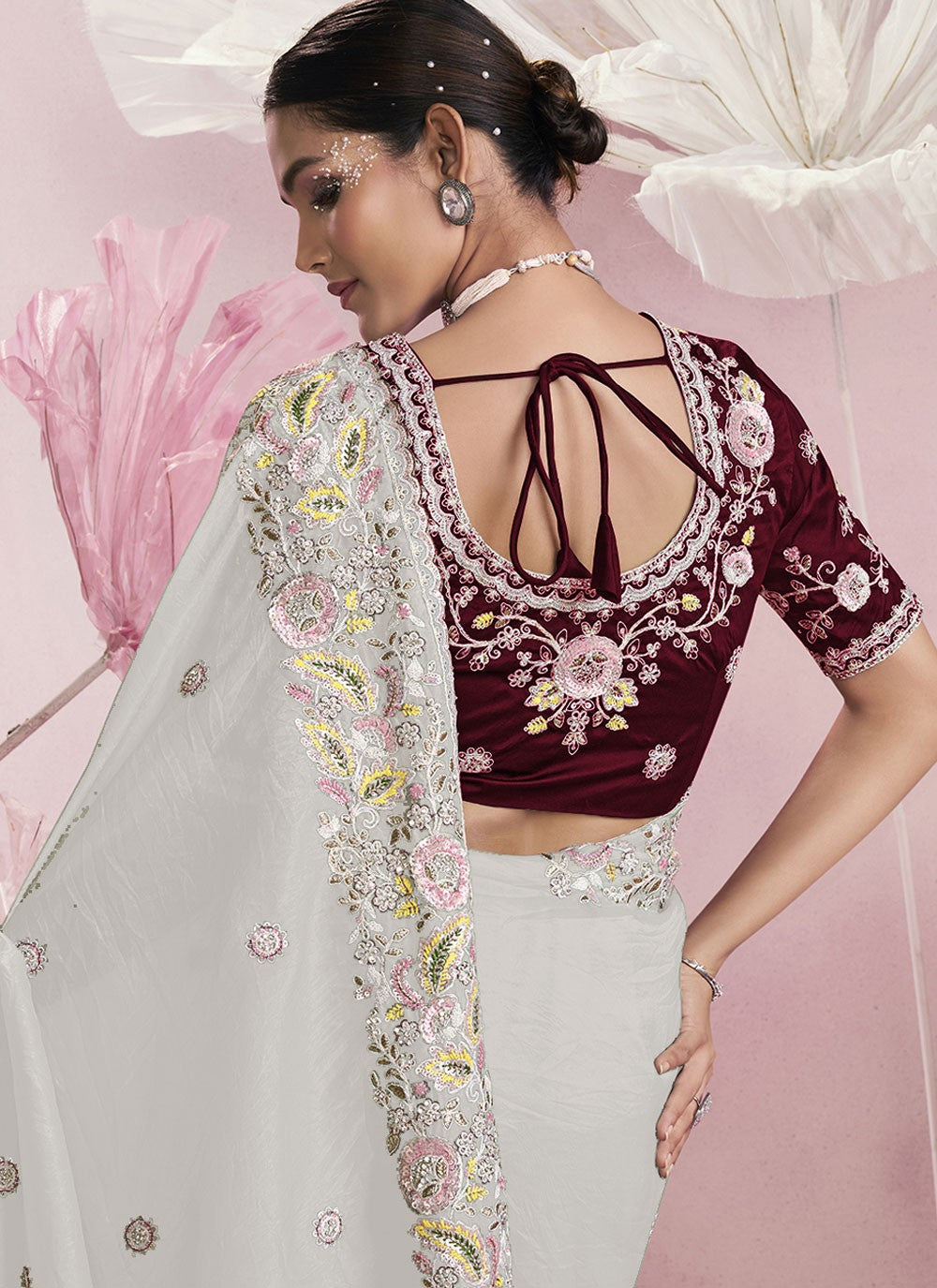 Embroidered Silk White Saree S13912