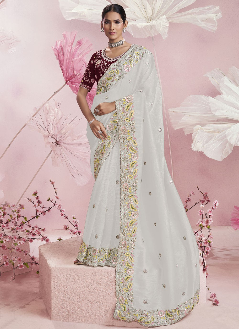 Embroidered Silk White Saree S13912