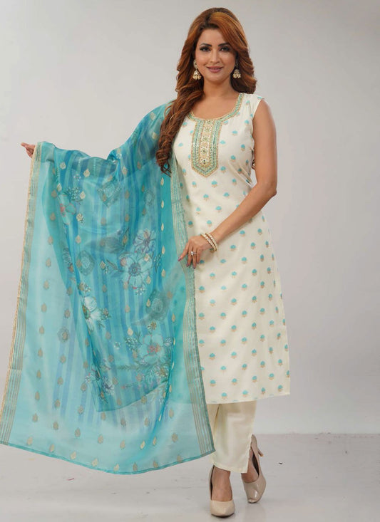 Pant Style Suit Embroidered White T7686