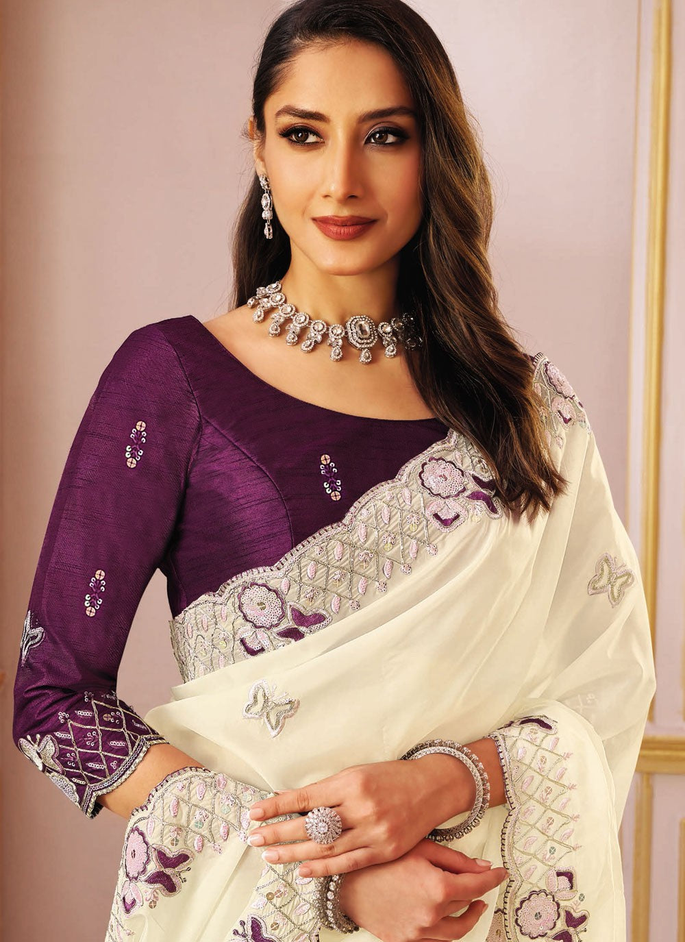 White Silk Trendy Saree Embroidered S20030
