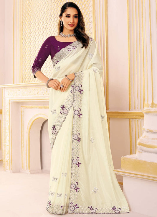 White Silk Trendy Saree Embroidered S20030