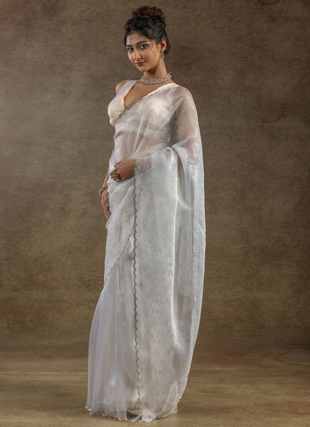 Cut Work Crush White Traditional Saree S15576