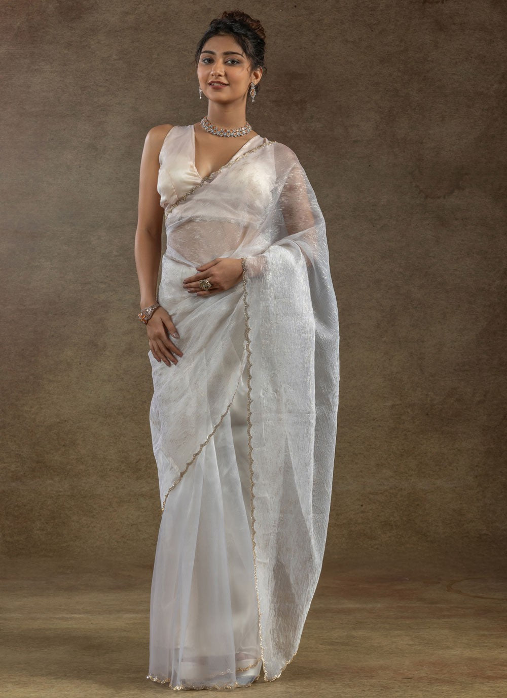 Cut Work Crush White Traditional Saree S15576
