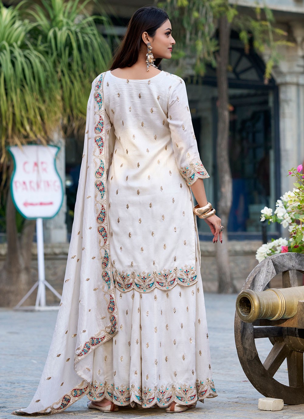 Salwar Suit Embroidered White Vichitra Silk T5032