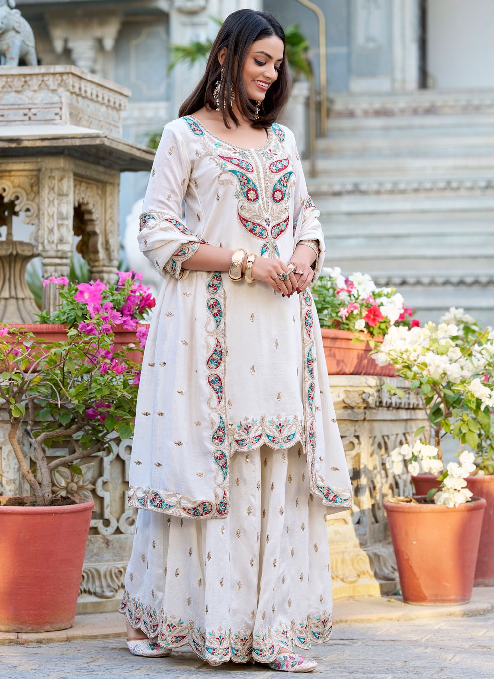 Salwar Suit Embroidered White Vichitra Silk T5032