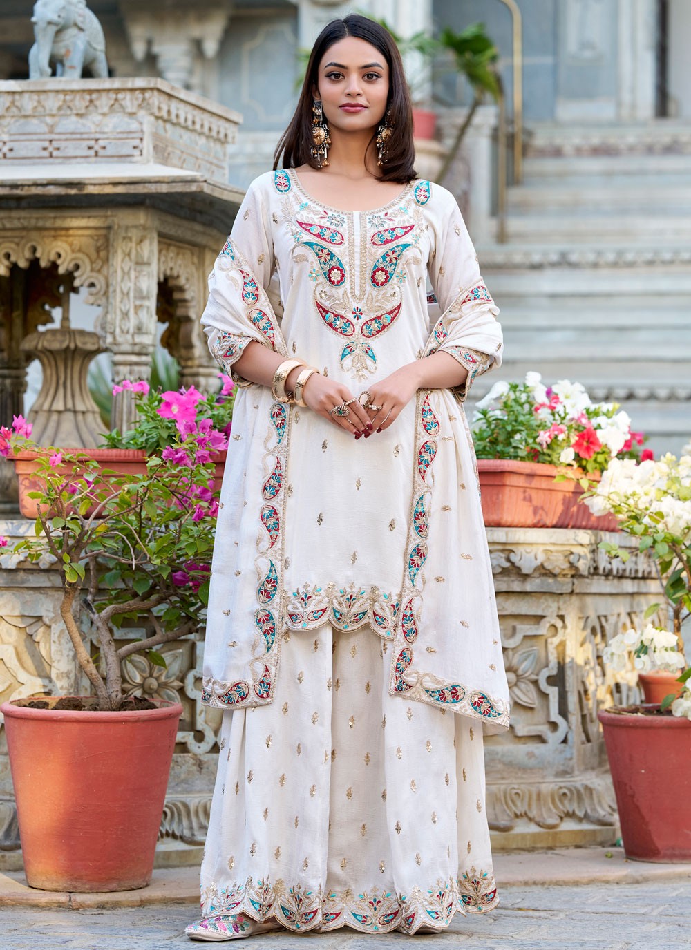 Salwar Suit Embroidered White Vichitra Silk T5032