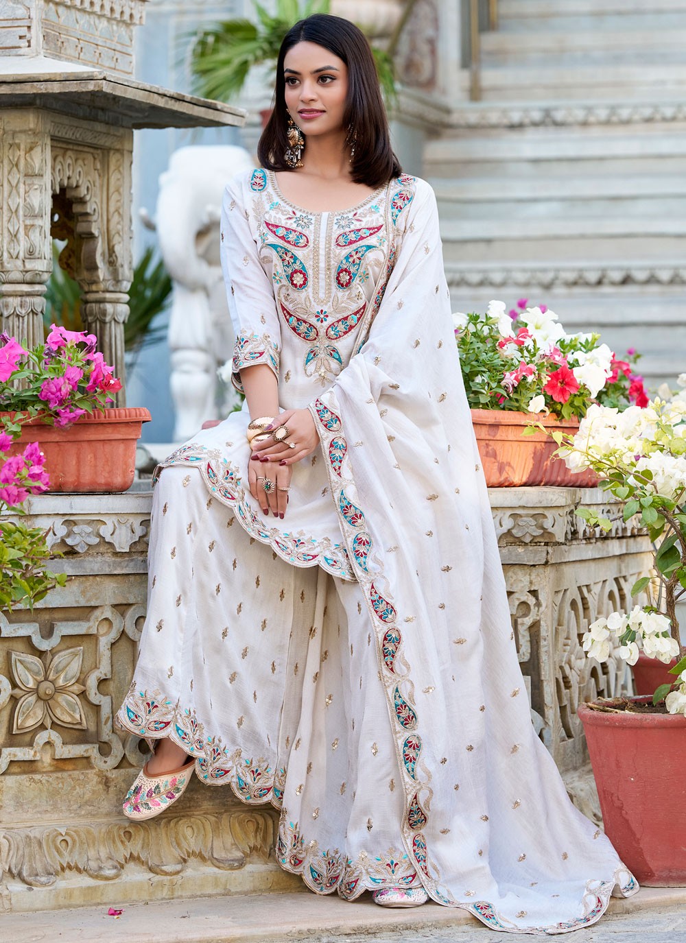 Salwar Suit Embroidered White Vichitra Silk T5032