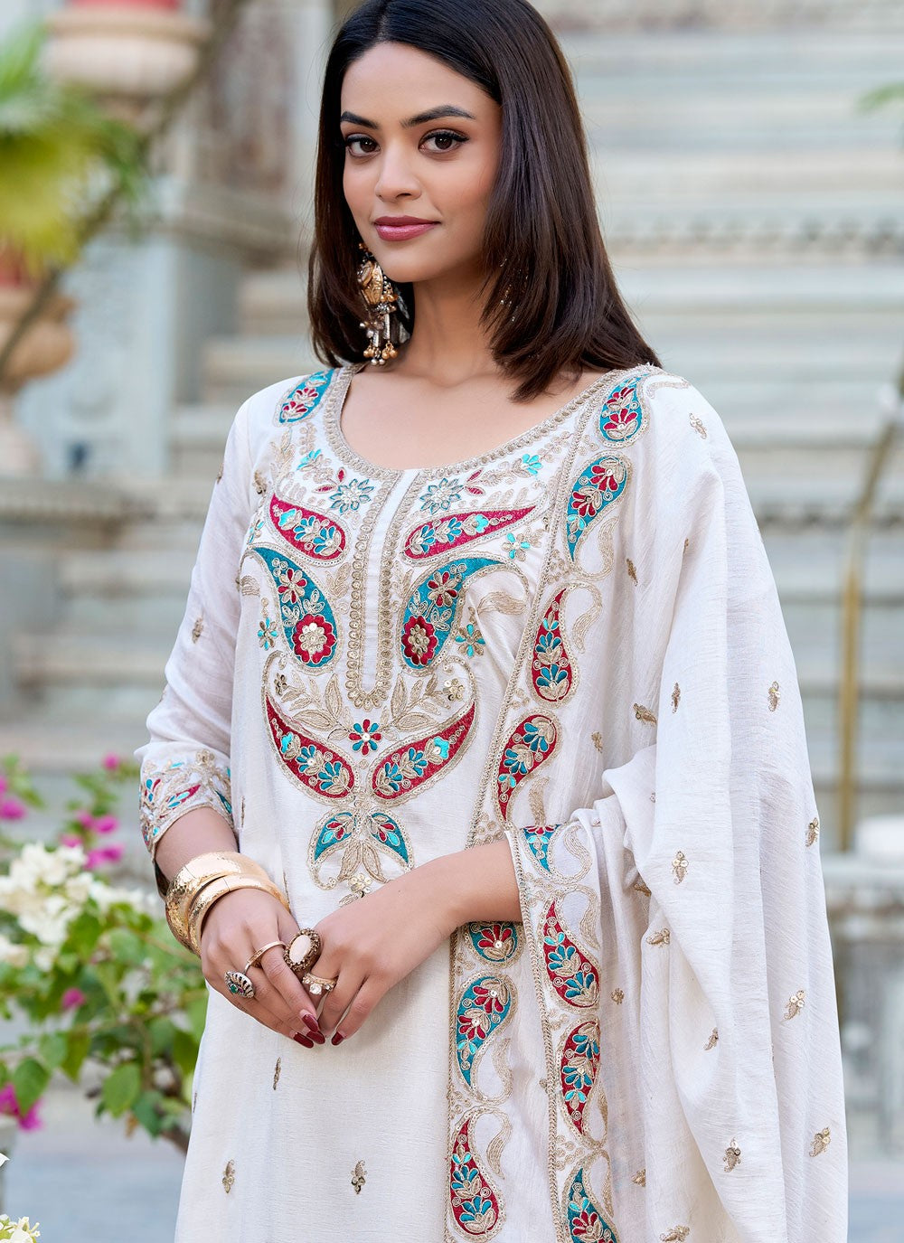 Salwar Suit Embroidered White Vichitra Silk T5032