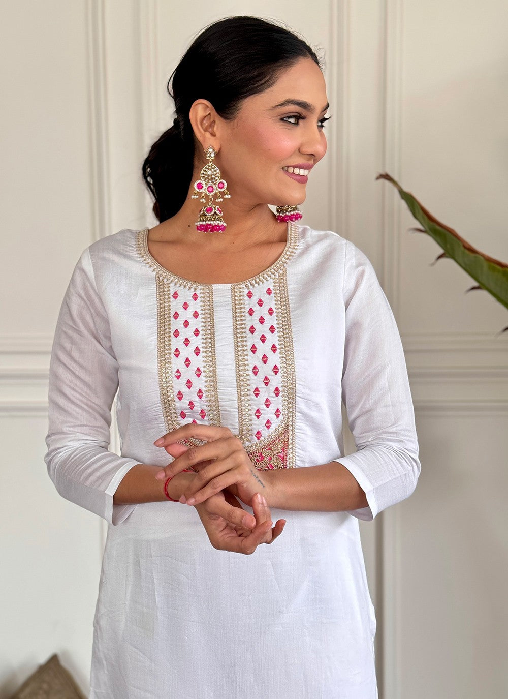 Pant Style Suit Embroidered, Printed White T6991
