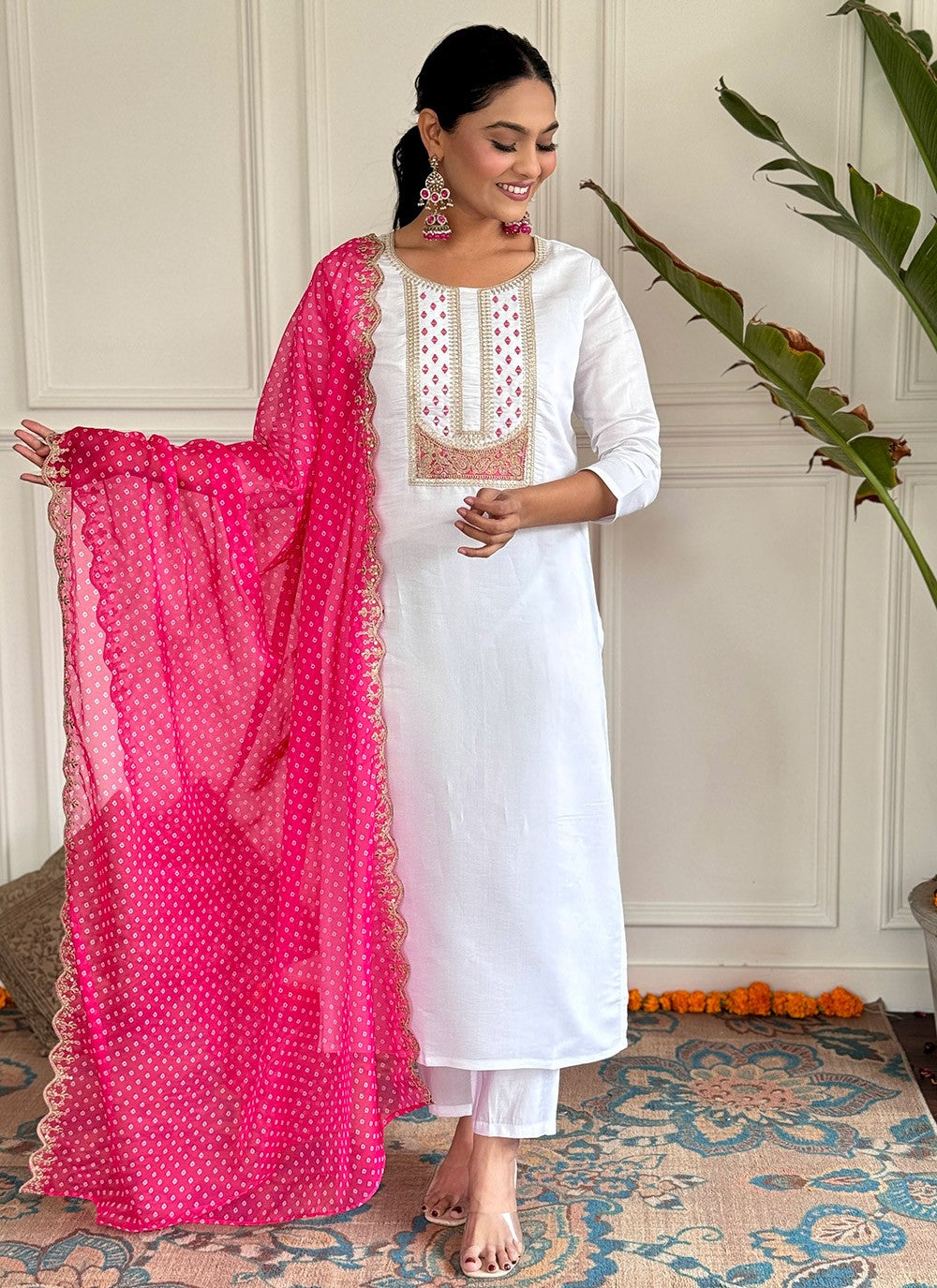 Pant Style Suit Embroidered, Printed White T6991
