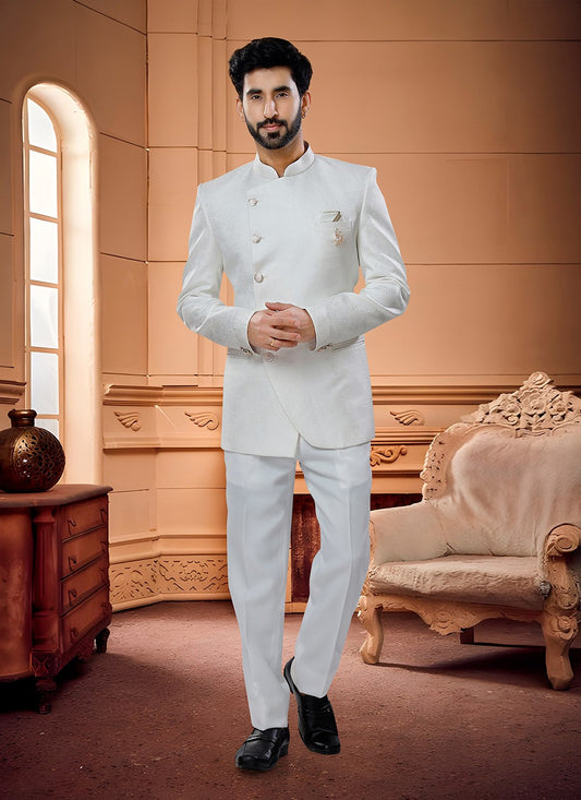 Woven Jacquard White Jodhpuri Suit - M4340