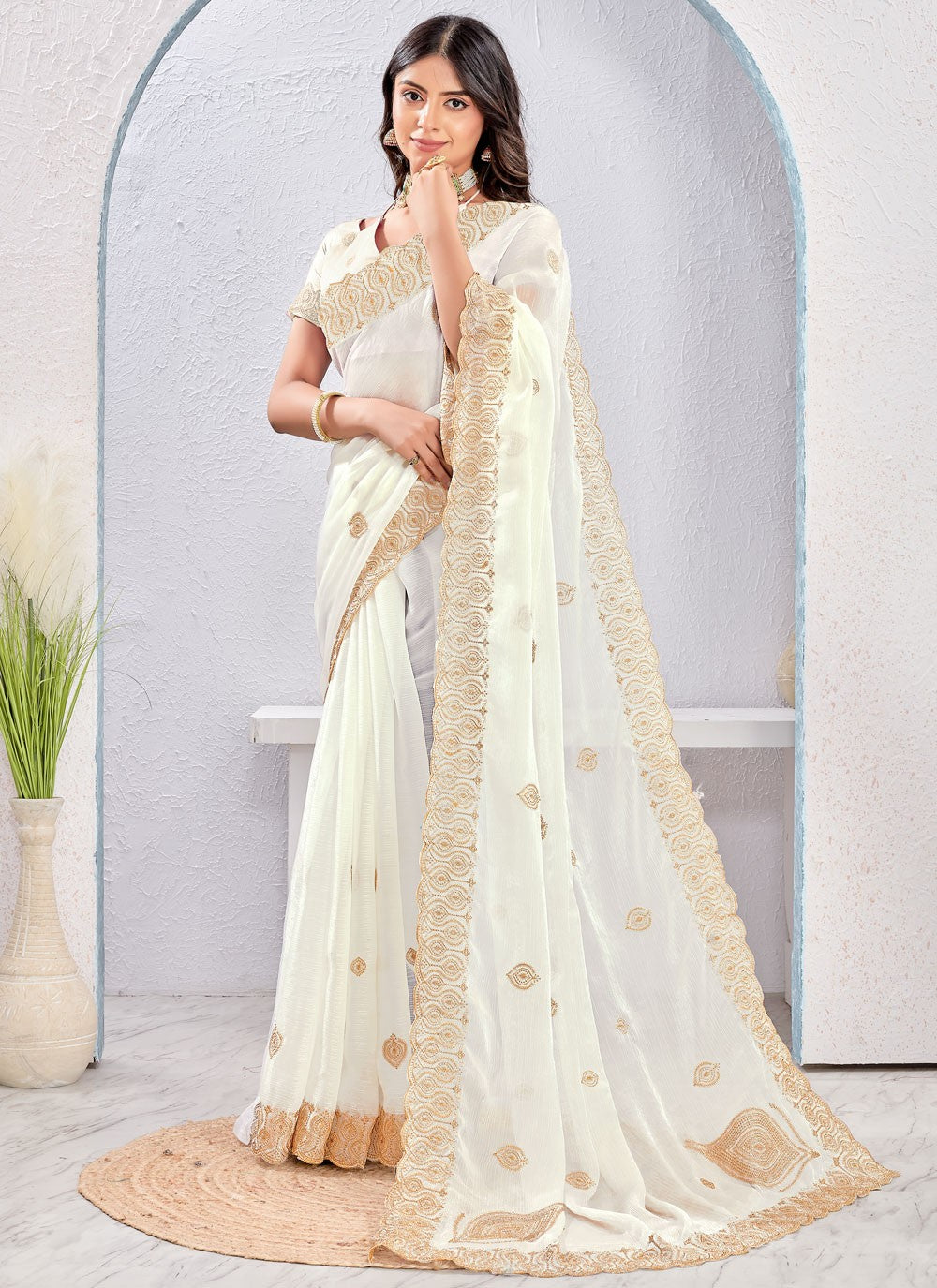 White Fandy Contemporary Saree Embroidered, Zari S16877