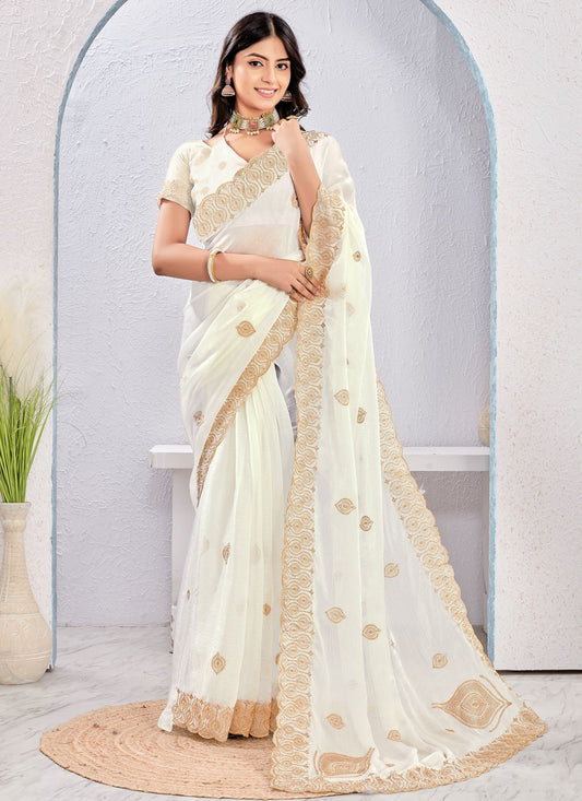 White Fandy Contemporary Saree Embroidered, Zari S16877