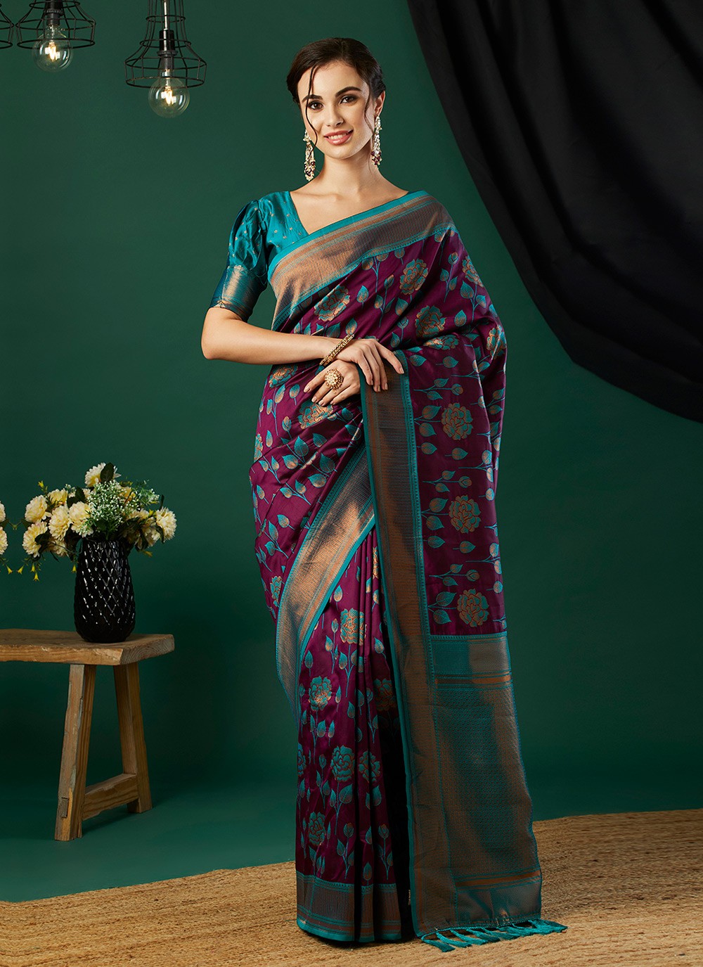 Classic Saree Woven Wine Banarasi Silk S12460