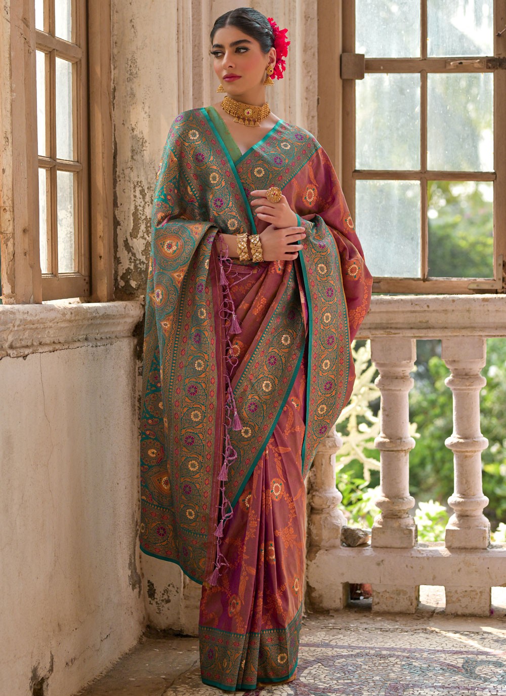 Contemporary Woven Wine Banarasi Silk Saree S13013
