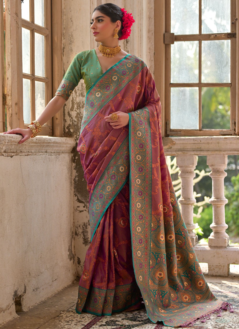 Contemporary Woven Wine Banarasi Silk S13013