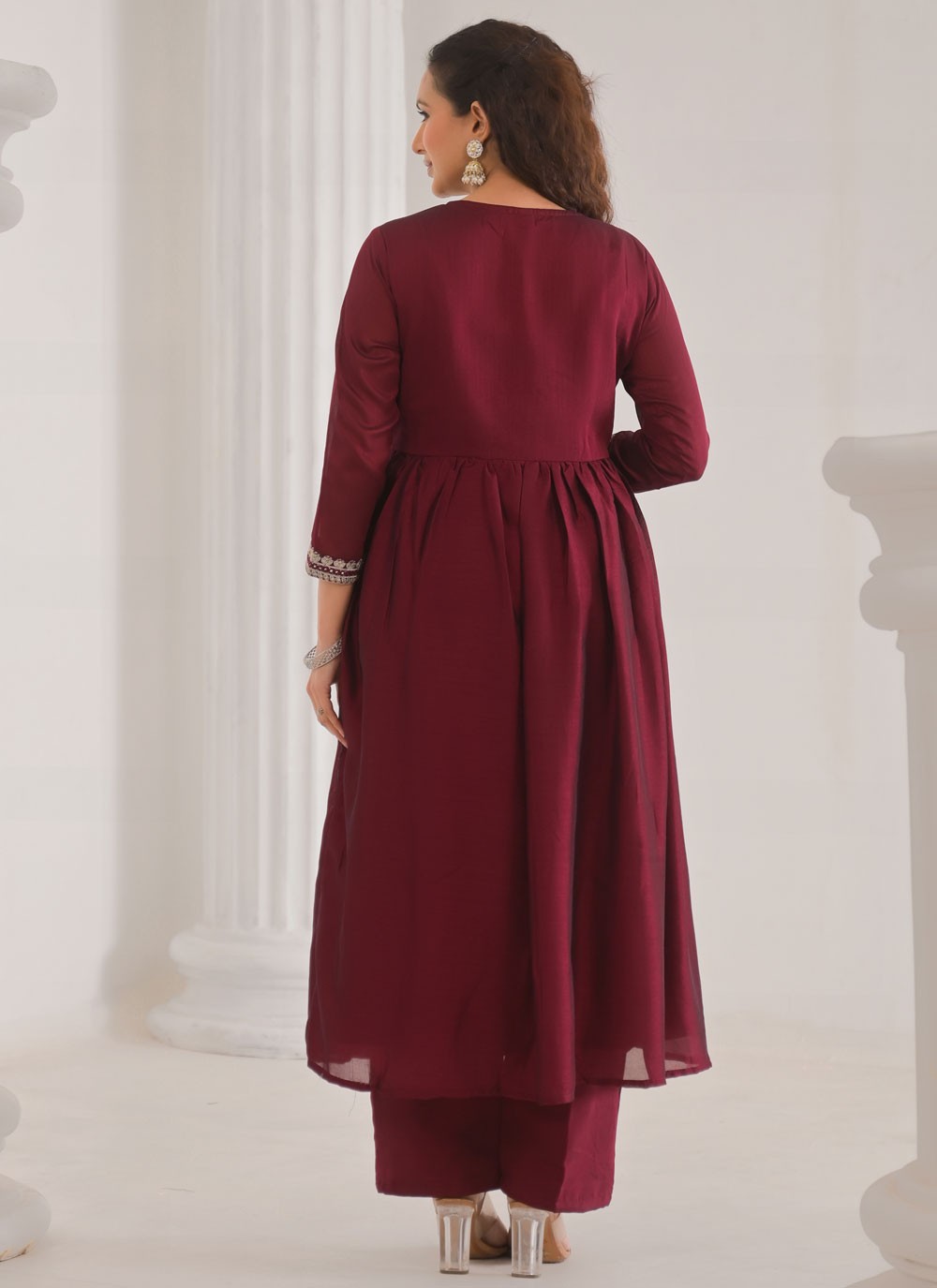 Palazzo Suit Embroidered, Lace Wine T7004