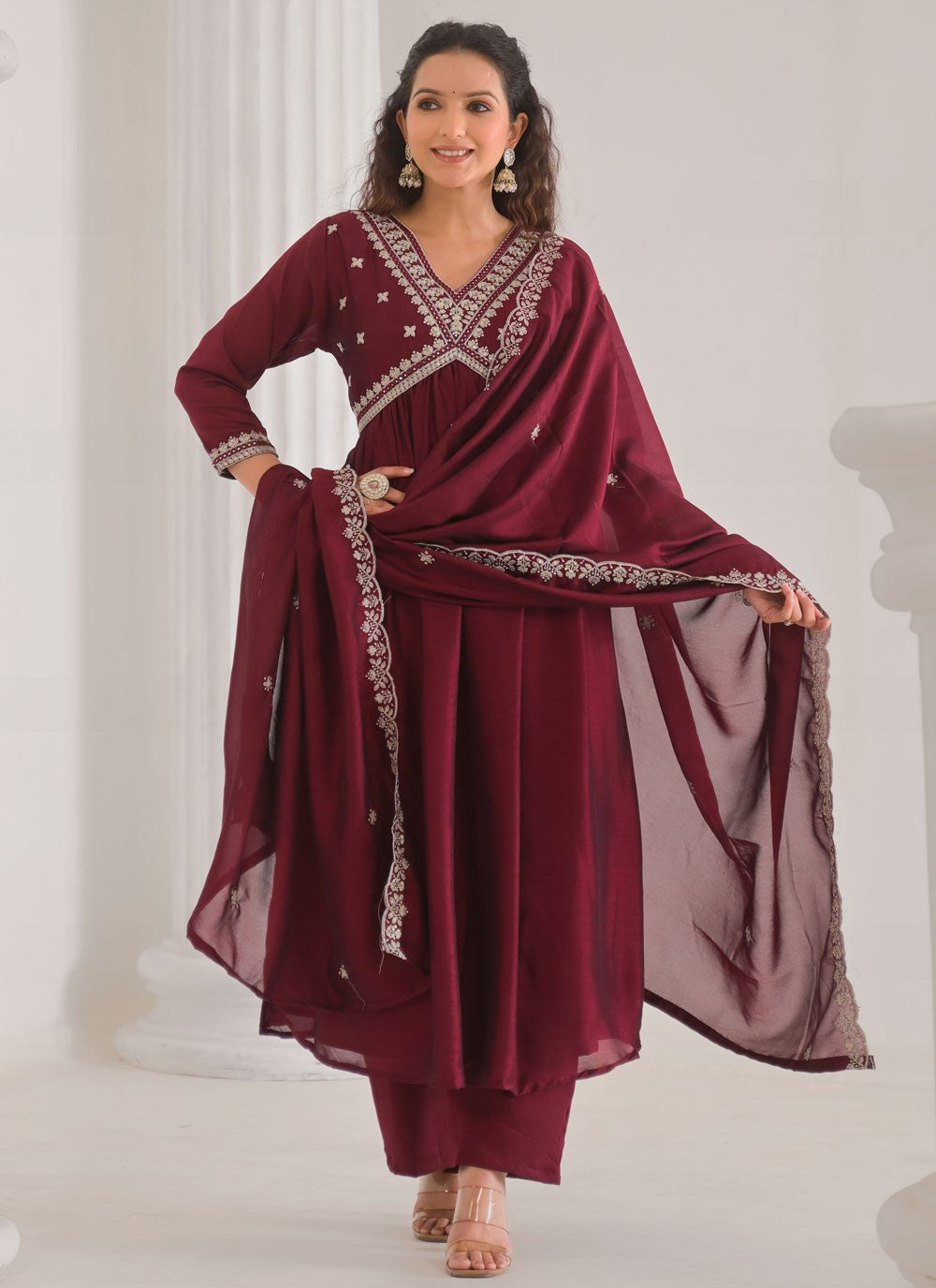 Palazzo Suit Embroidered, Lace Wine T7004