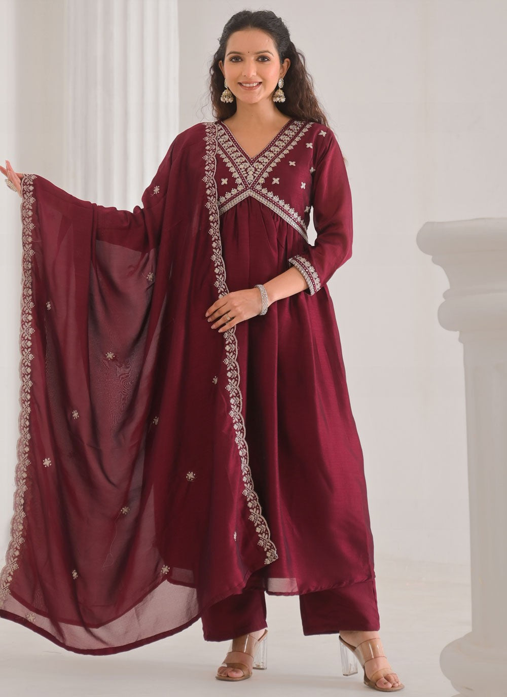 Palazzo Suit Embroidered, Lace Wine T7004