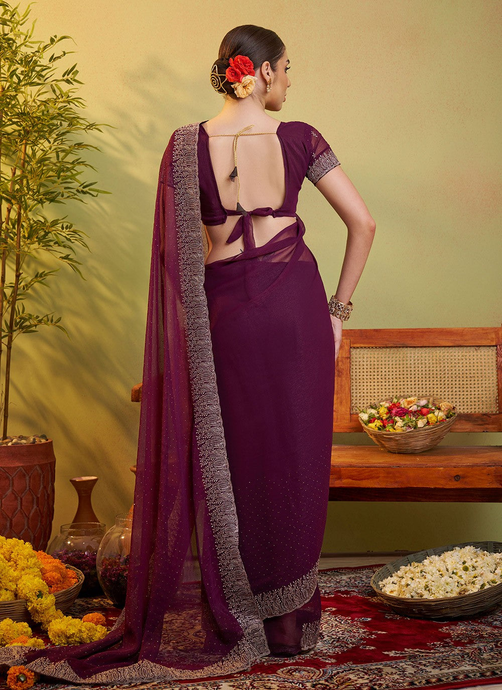 Embroidered Chiffon Wine Saree S14411
