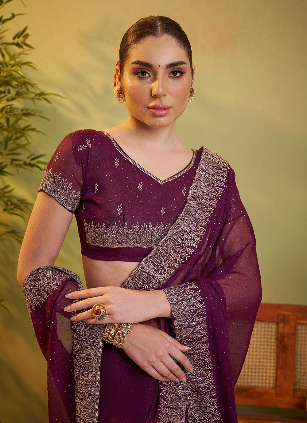 Embroidered Chiffon Wine Saree S14411