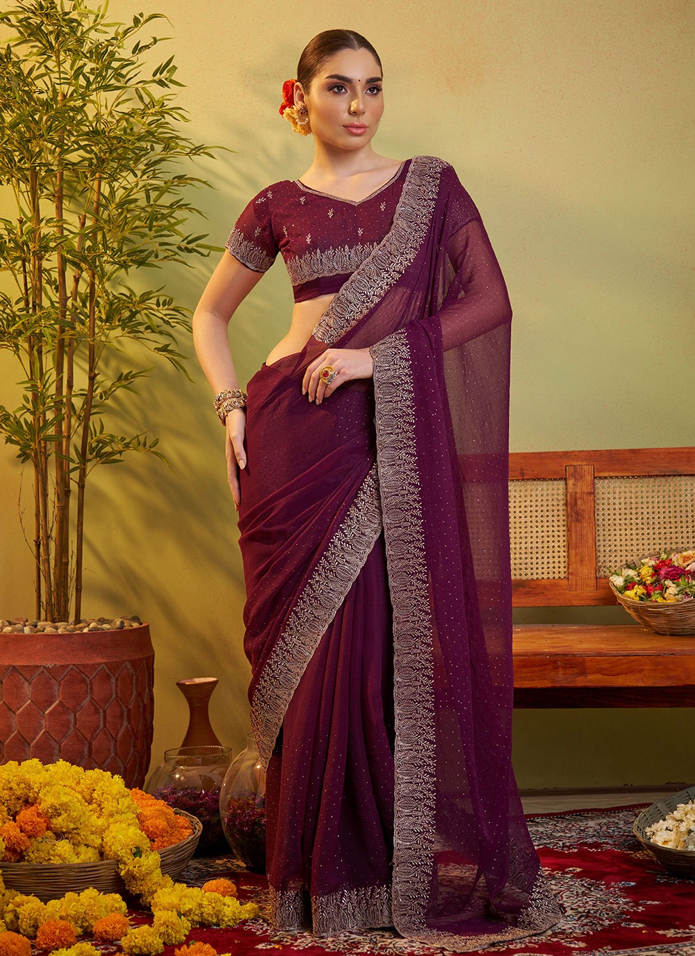 Embroidered Chiffon Wine Saree S14411
